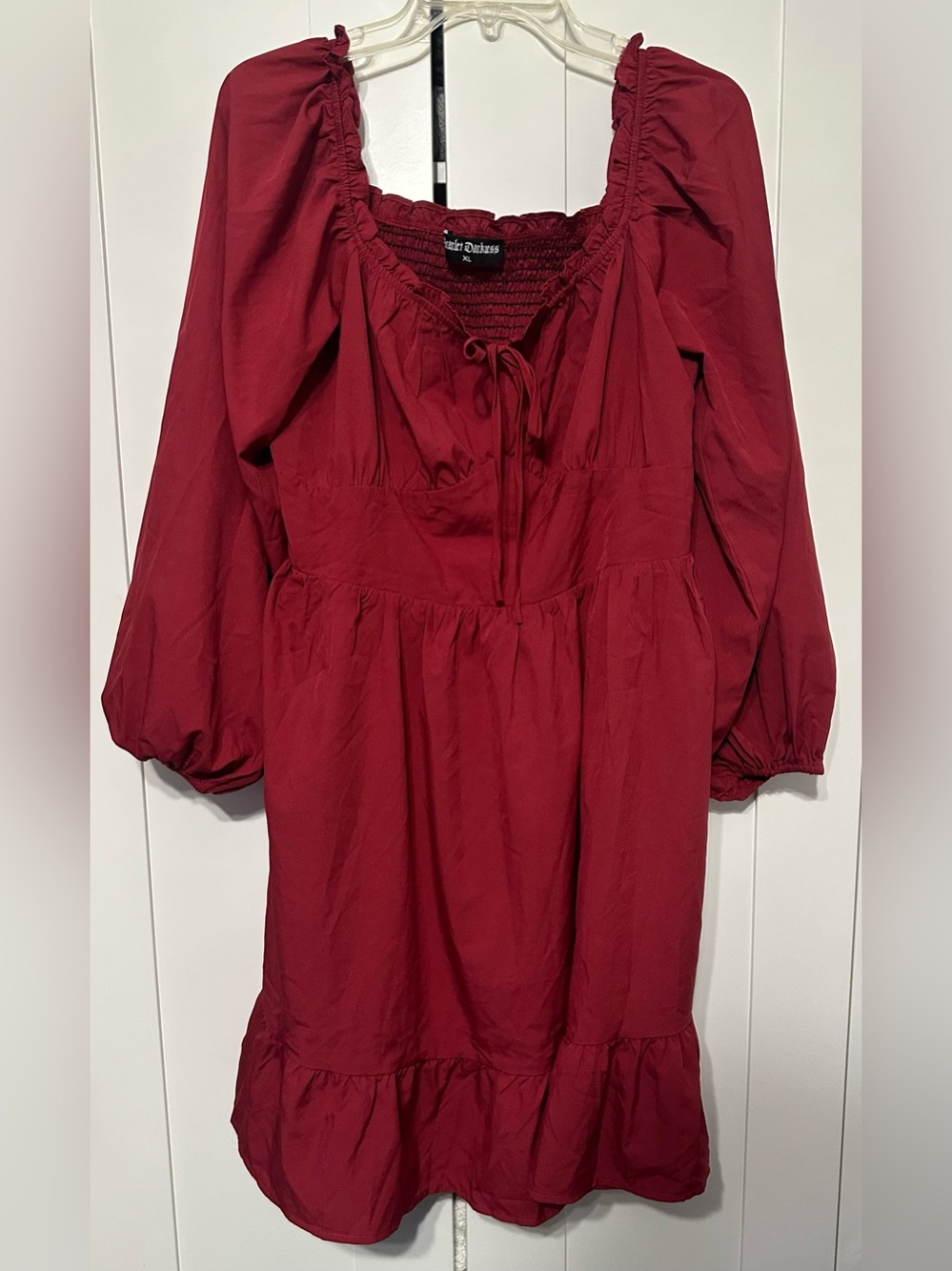 Scarlet Darkness Dark Red Midi Dress with Puff Sleeves